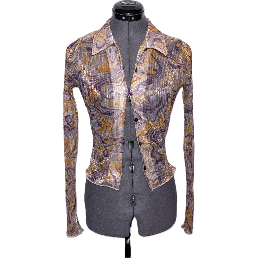 New Pink Marble Print Sheer Metallic Shirt Y2K Style Grunge Purple Gold Small
